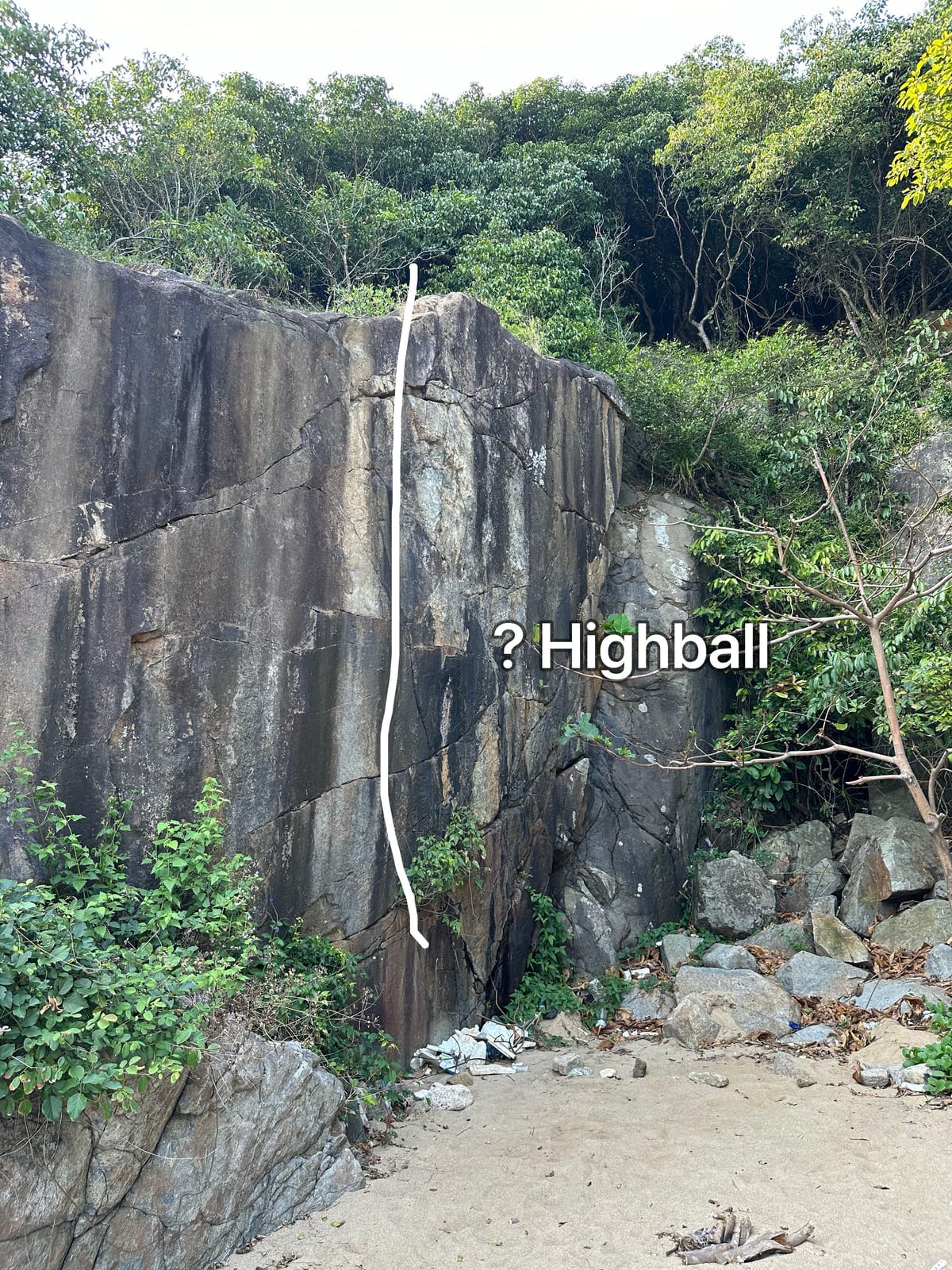 Topo line marked on the unclimbed highball wall at Ghenh Bang, Son Tra, Da Nang