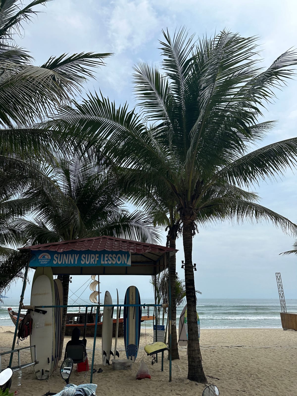 Surf lesson hut and boards on My Khe beach, Da Nang, Vietnam