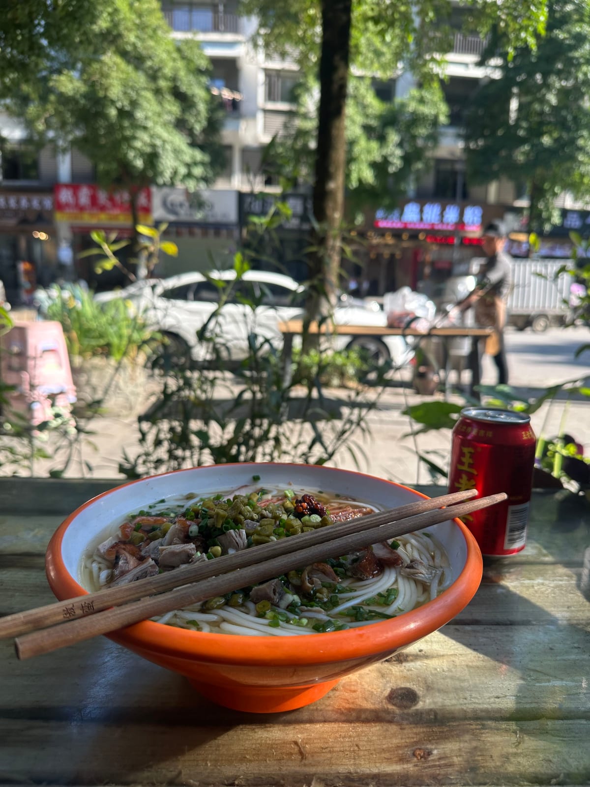 A bowl of Guilin rice noodles, the local dish in Yangshuo, China