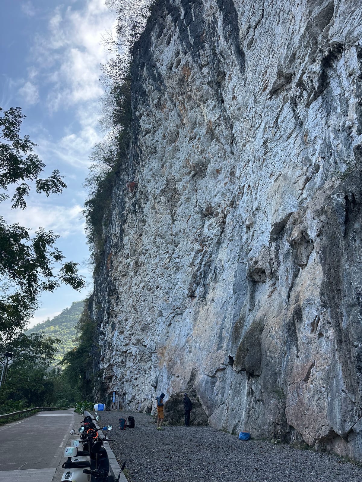The main wall at Riverside crag, Yangshuo, with steep overhanging limestone