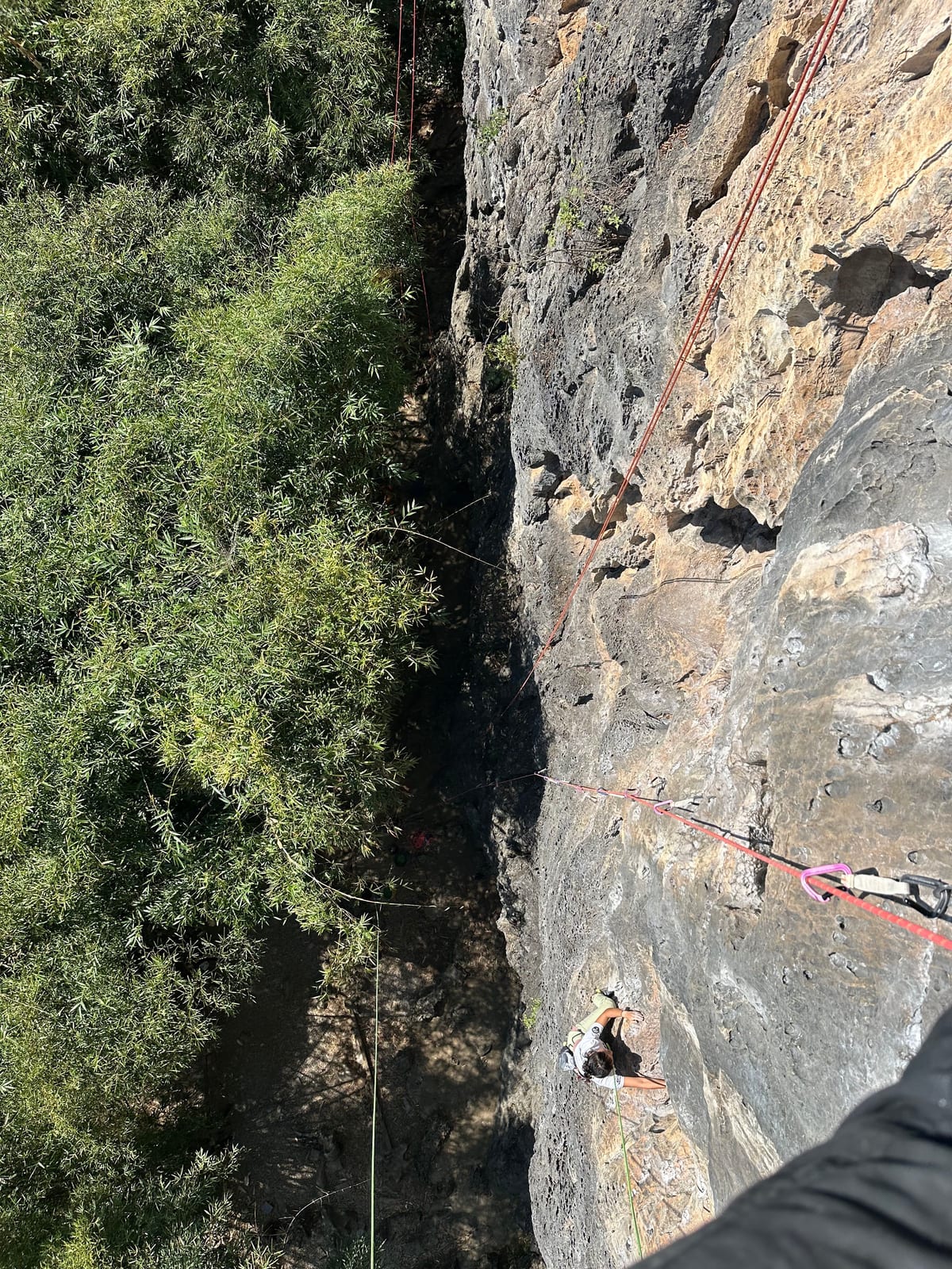 Looking down a long sport route on the Cheese Side of Swiss Wall, Yangshuo