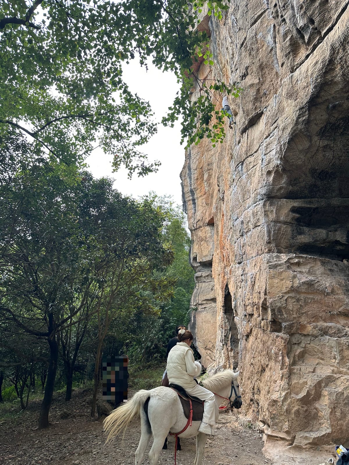 The approach path to Twin Gates crag in Yangshuo with a horse rider passing